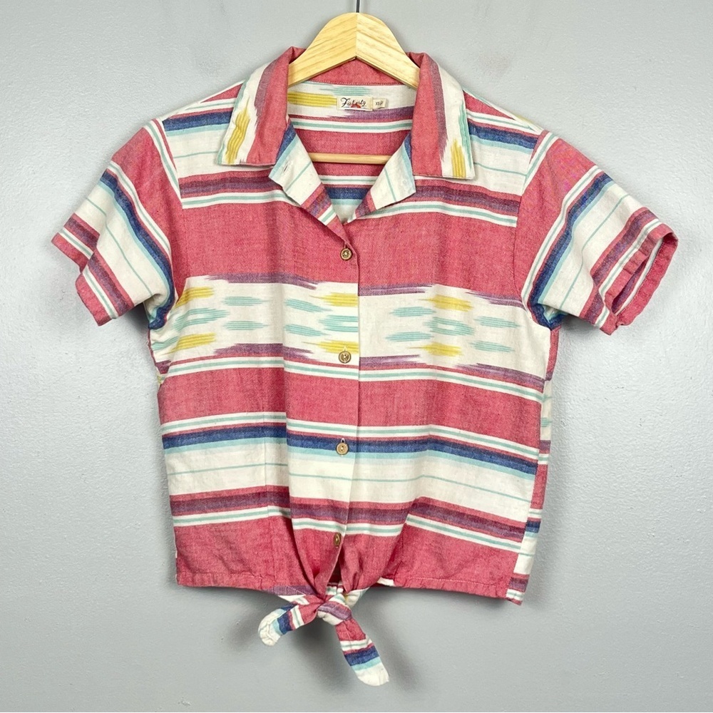 Faherty women’s southwestern ikat stripe tie front button shirt, XS.